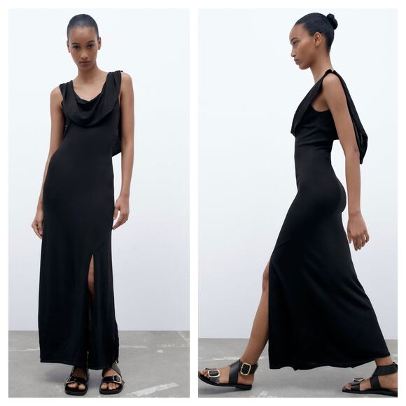 Zara Cowl Neck Black Knit Maxi Dress Small Low Back Resort Wear Minimalist - Picture 1 of 13